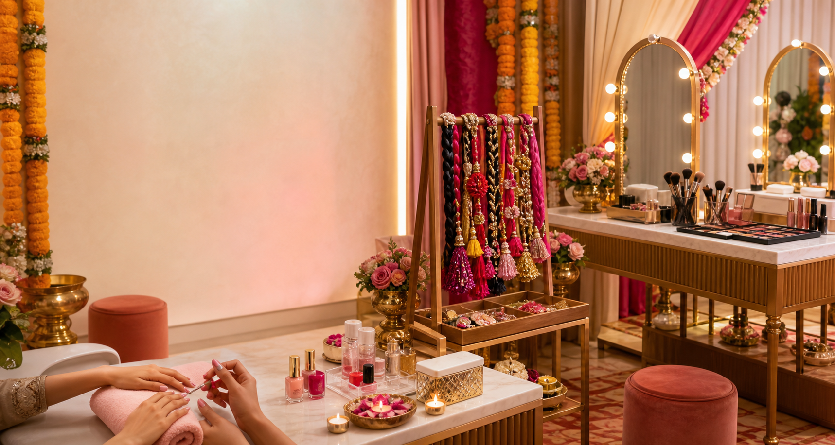 Event beauty pop-up with nail, paranda, and makeup touch-up stations