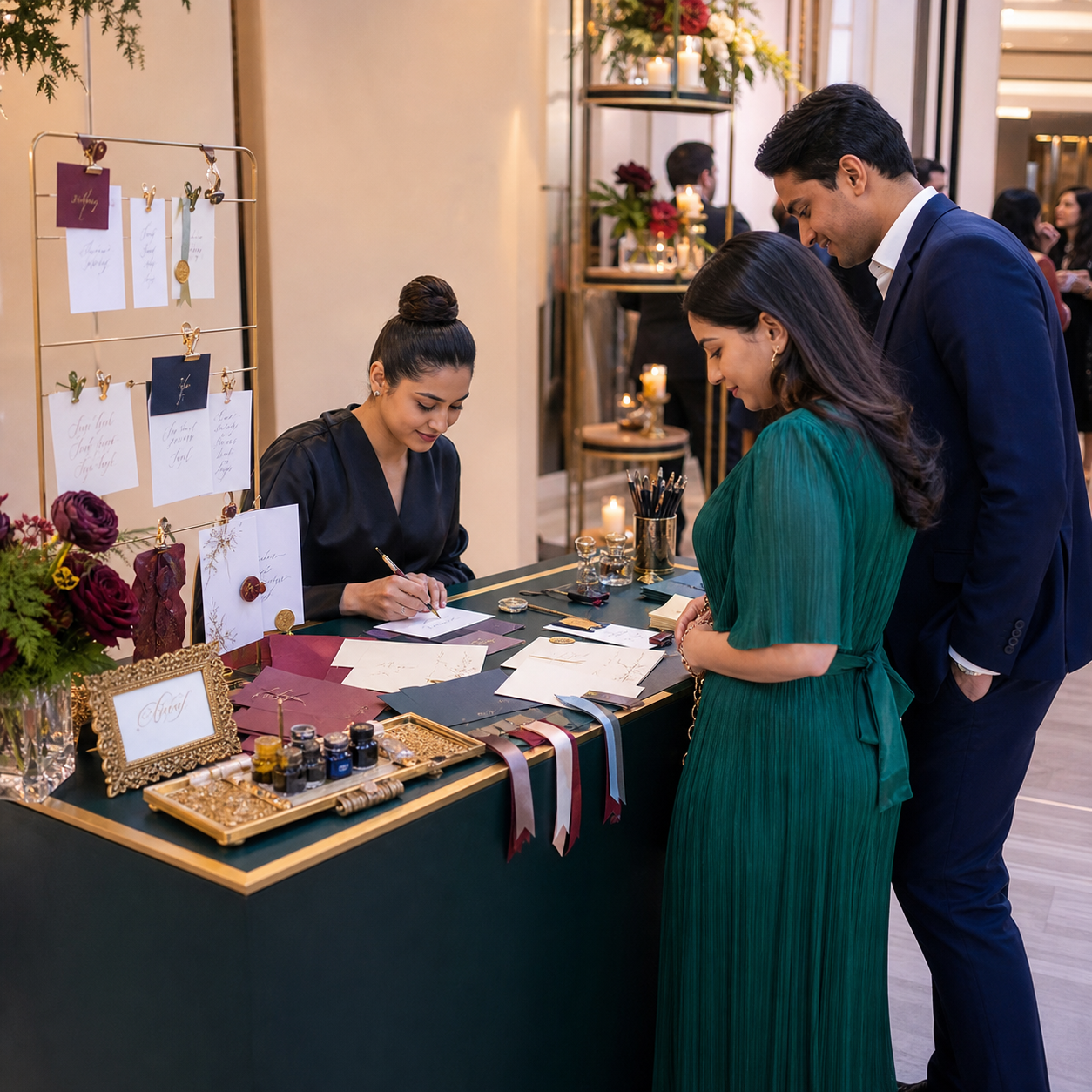 Live calligraphy desk with personalized guest keepsakes